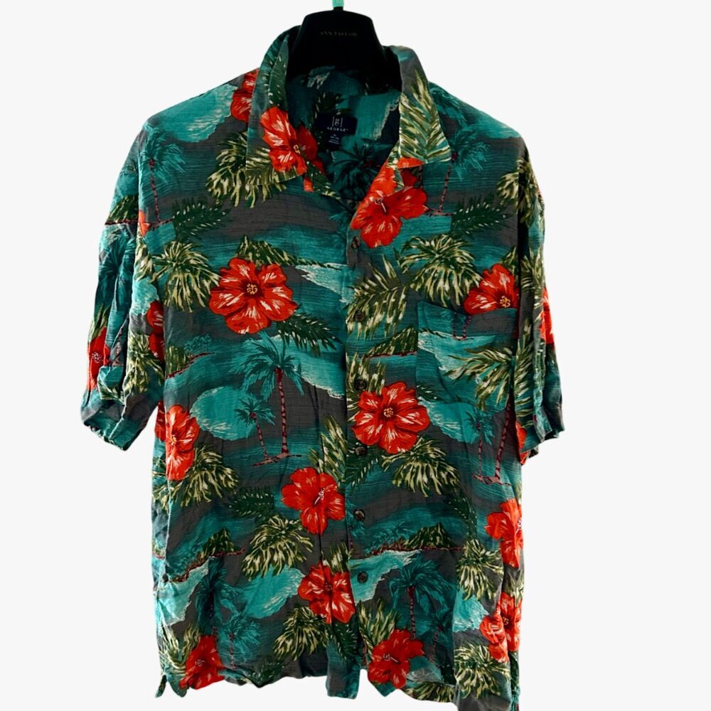 George Hawaiian Shirt Navy Green with Red Floral Size XL